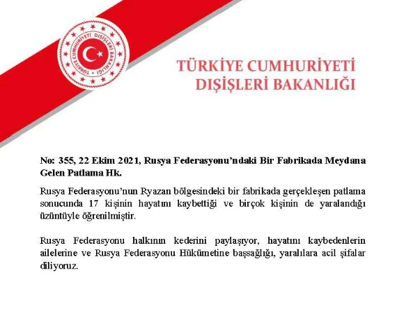 Dışişleri Bakanlığından Rusya'ya taziye mesajı